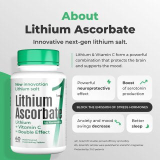 Bottle of Lithium Ascorbate with product details on a light gray background