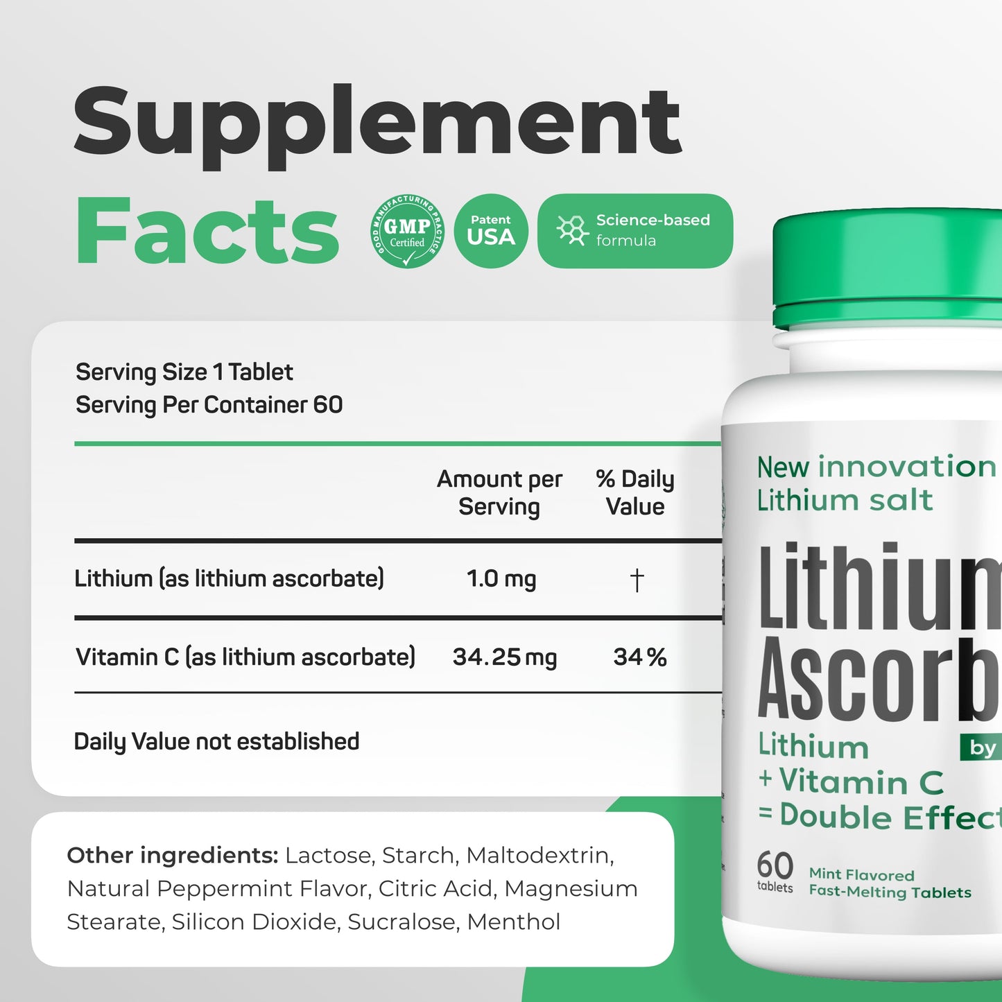 Supplement bottle labeled 'Lithium Ascorbate' with label details on a white background