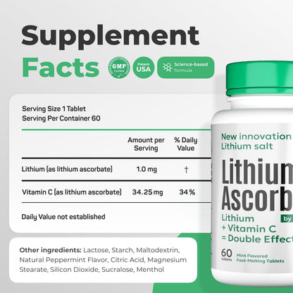 Supplement bottle labeled 'Lithium Ascorbate' with label details on a white background