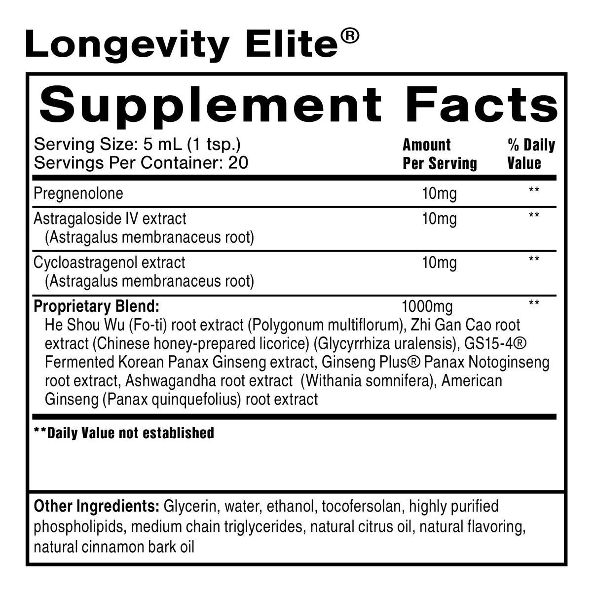 Longevity Elite supplement facts