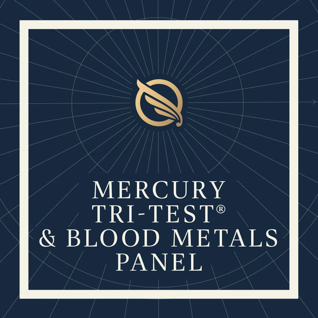 Mercury Tri-Test & Blood Metals Panel logo on a dark blue background with a white border.