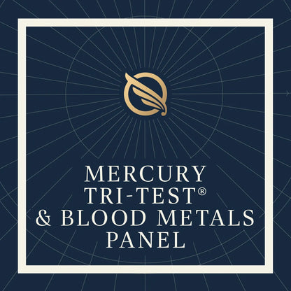 Mercury Tri-Test & Blood Metals Panel logo on a dark blue background with a white border.
