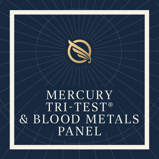 Mercury Tri-Test & Blood Metals Panel logo on a dark blue background with a white border.