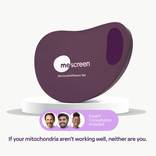 A purple meScreen mitochondrial efficiency test device displayed on a white pedestal, with three small portrait photos and text indicating expert consultation included.