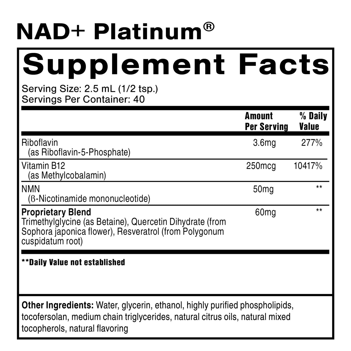 NAD+ Platinum supplement facts