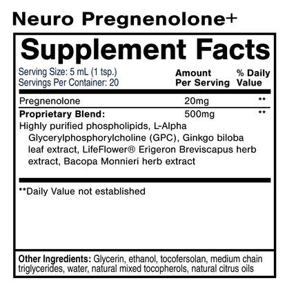 Supplement label for Neuro Pregnenolone+ with ingredient list and serving details.