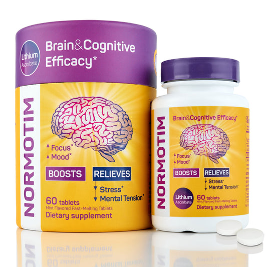 Normotim Lithium supplement packaging showing a large purple and yellow cylindrical bottle alongside a smaller white bottle with a purple cap, plus two white tablets on a clean white background.