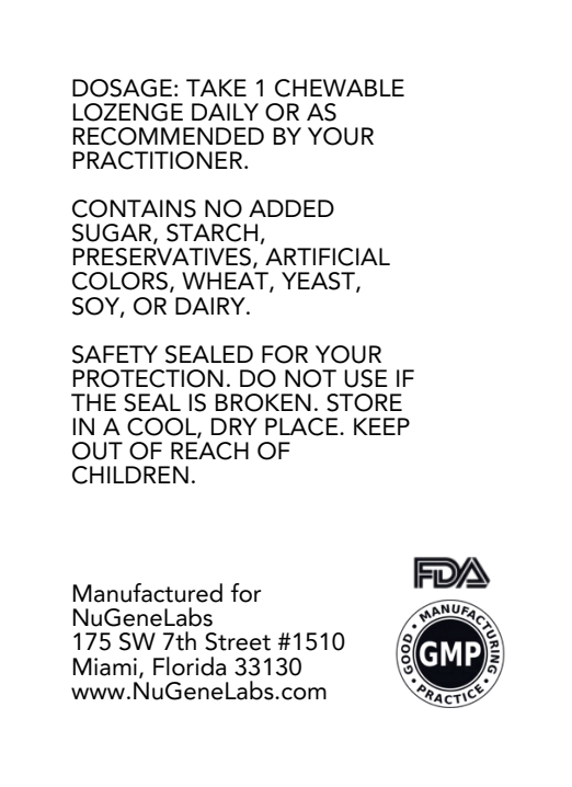 Product label with dosage instructions, ingredient information, and NuGeneLabs branding.