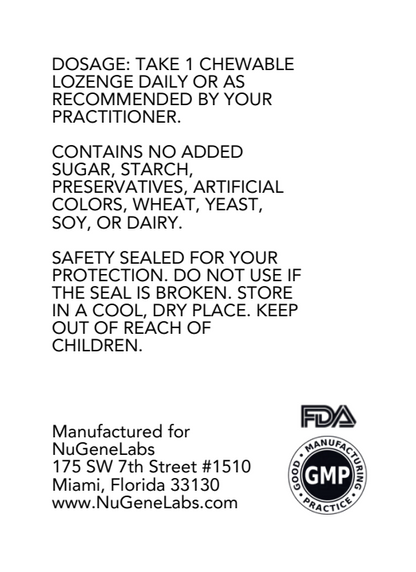 Product label with dosage instructions, ingredient information, and NuGeneLabs branding.