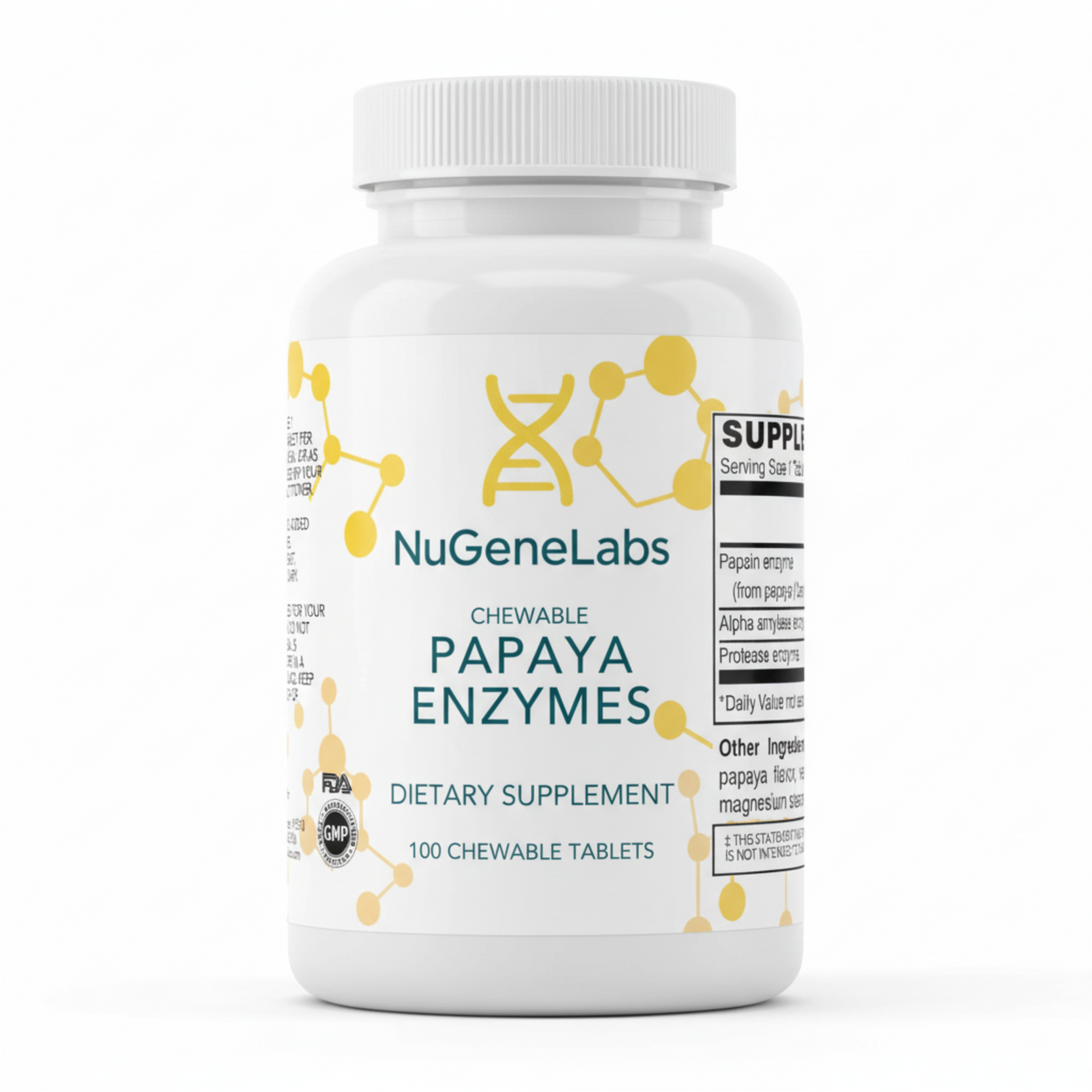 NuGeneLabs Papaya Enzymes supplement label with text and graphics.