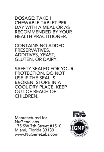 Instructions and product details for a chewable tablet, including dosage information and manufacturing details for NuGeneLabs.