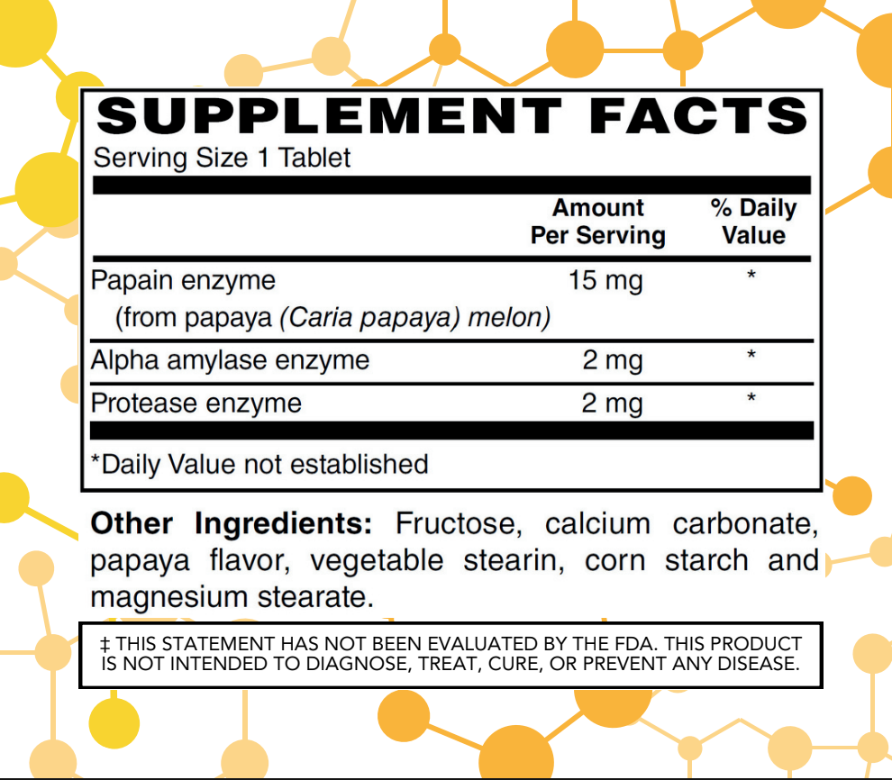 Supplement facts label with enzyme content and other ingredients on a yellow background