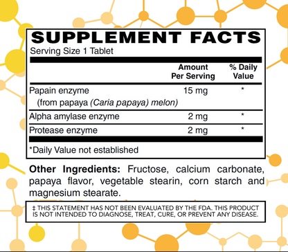 Supplement facts label with enzyme content and other ingredients on a yellow background
