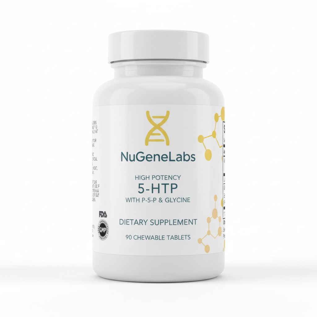 Supplement bottle for NuGeneLabs 5-HTP dietary supplement with molecular structures and text.