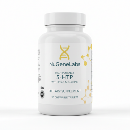 Supplement bottle for NuGeneLabs 5-HTP dietary supplement with molecular structures and text.