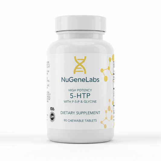 Supplement bottle for NuGeneLabs 5-HTP dietary supplement with molecular structures and text.