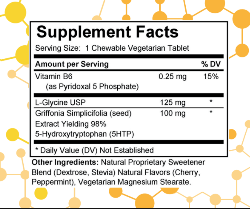Supplement label for NuGeneLabs 5-HTP dietary supplement with molecular structures and text.