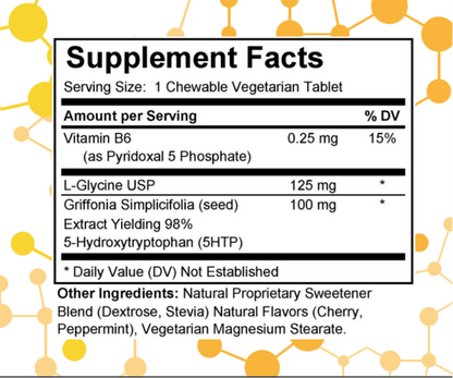 Supplement label for NuGeneLabs 5-HTP dietary supplement with molecular structures and text.