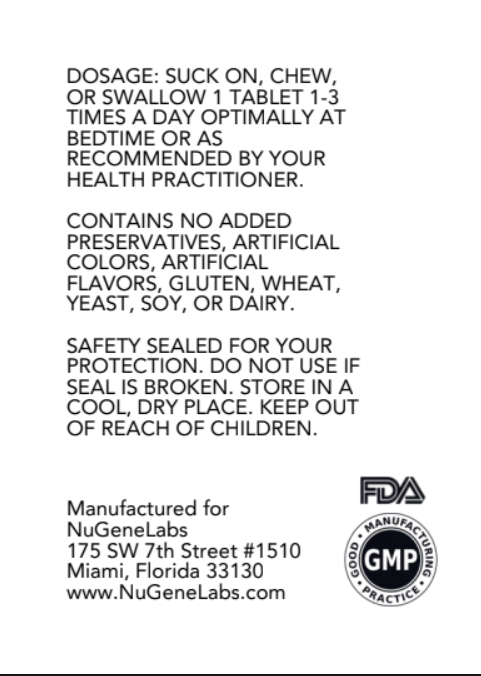 Supplement label for NuGeneLabs 5-HTP dietary supplement with molecular structures and suggested use text.