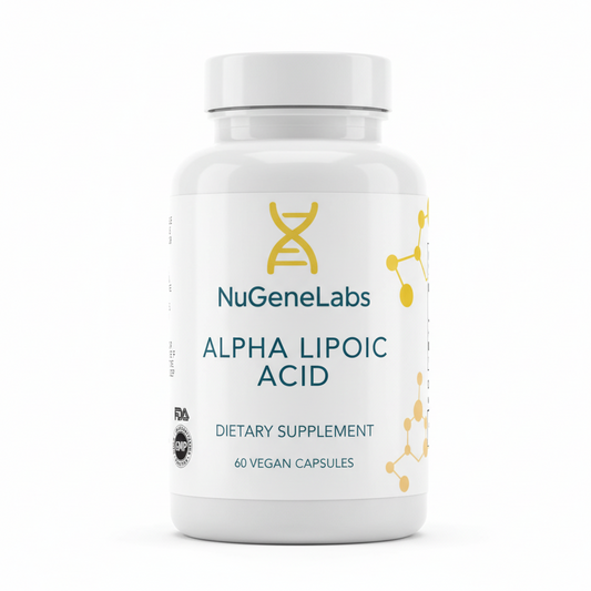 NuGeneLabs Alpha Lipoic Acid supplement label with supplement facts and molecular structure illustration.