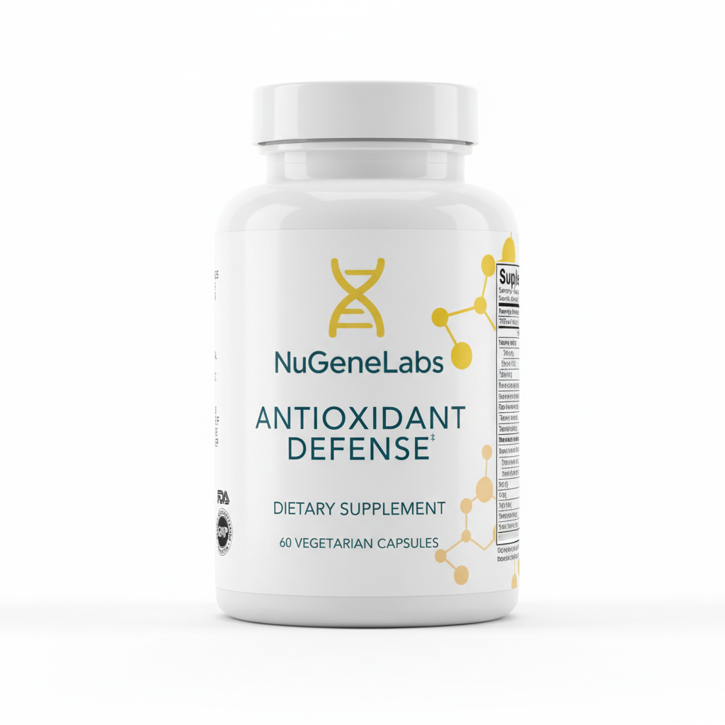 NuGeneLabs Antioxidant Defense supplement bottle with text and graphics.