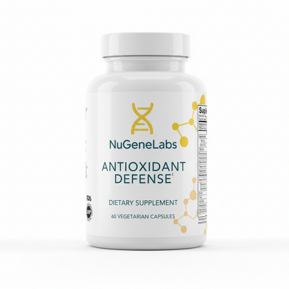 NuGeneLabs Antioxidant Defense supplement bottle with text and graphics.