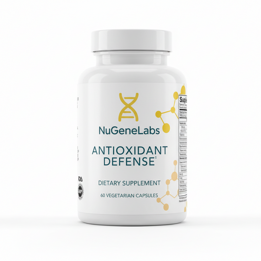 NuGeneLabs Antioxidant Defense supplement bottle with text and graphics.