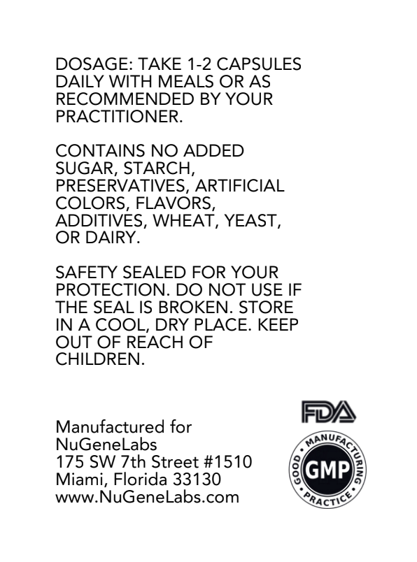 Back of a supplement container with text and NuGeneLabs branding