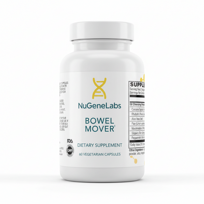 Supplement label for NuGeneLabs Bowel Mover dietary supplement with ingredient list and supplement facts.