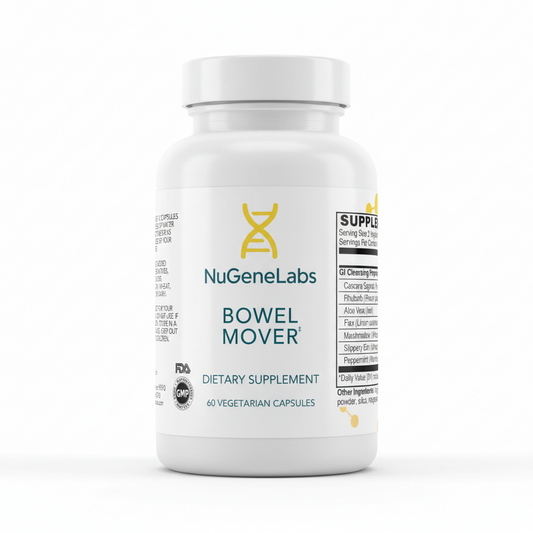 Supplement label for NuGeneLabs Bowel Mover dietary supplement with ingredient list and supplement facts.