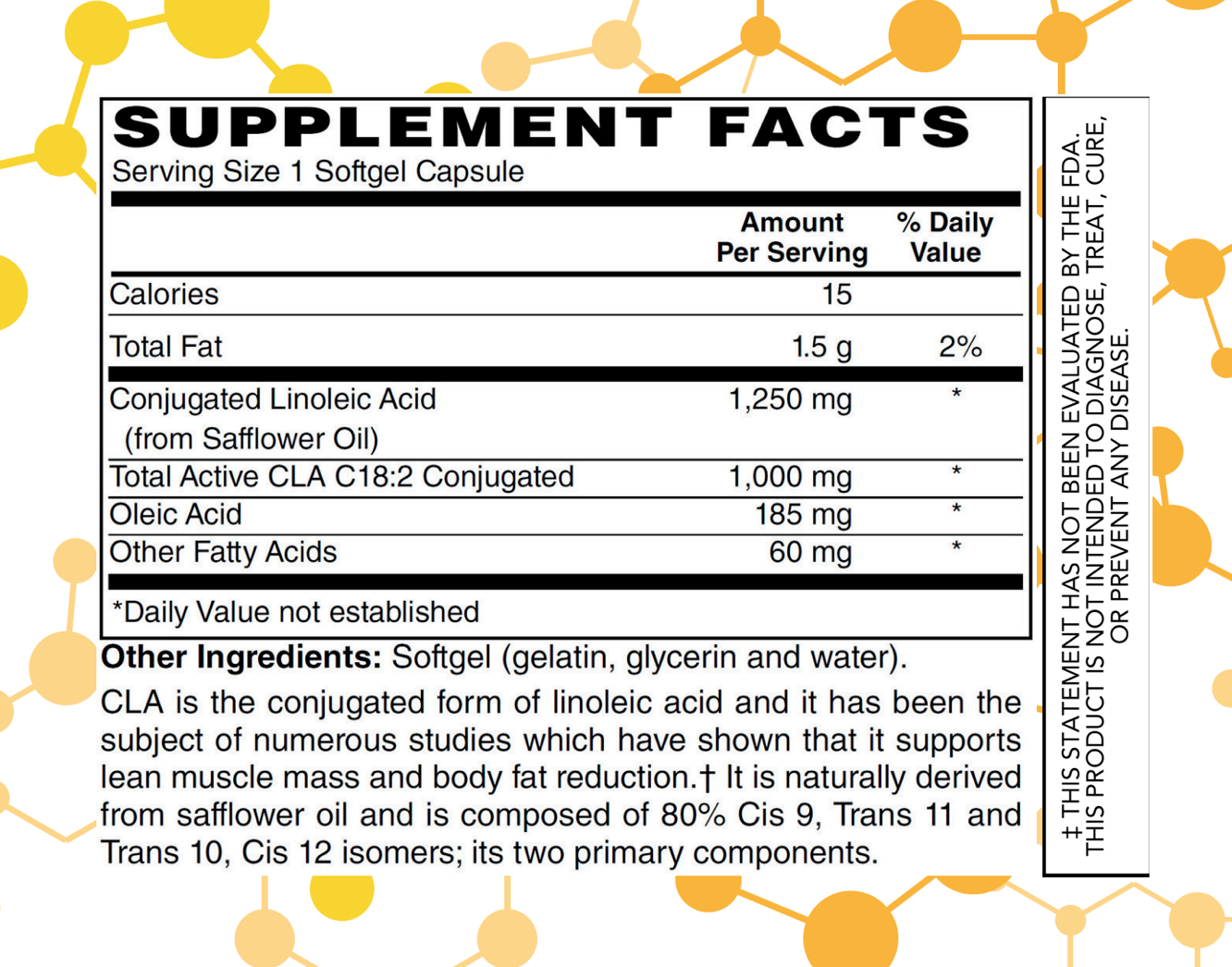 Supplement facts label with nutritional information on a white background with molecular structures.