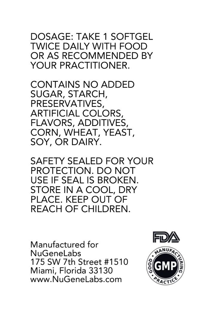 Product label with dosage instructions, ingredient information, and GMP certification for NuGeneLabs.