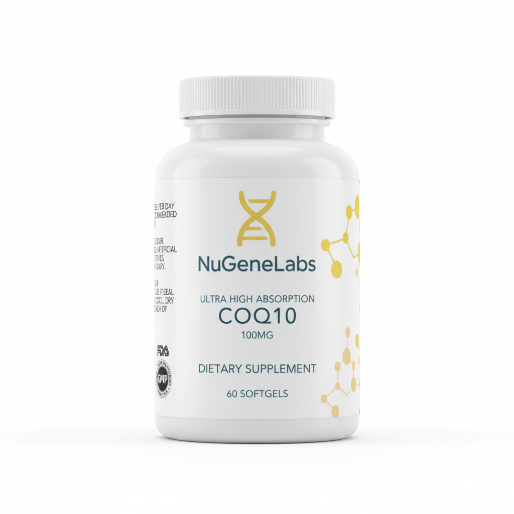 NuGeneLabs COQ10 supplement bottle with molecular structures and text.