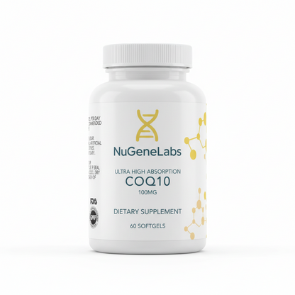 NuGeneLabs COQ10 supplement bottle with molecular structures and text.