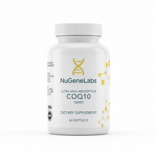 NuGeneLabs COQ10 supplement bottle with molecular structures and text.