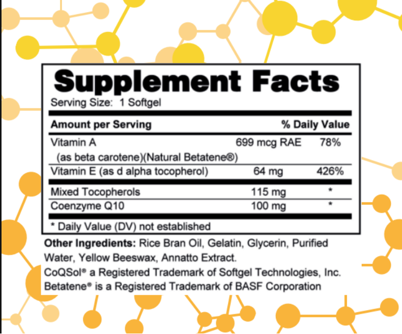 NuGeneLabs COQ10 supplement label with molecular structures and supplement facts.