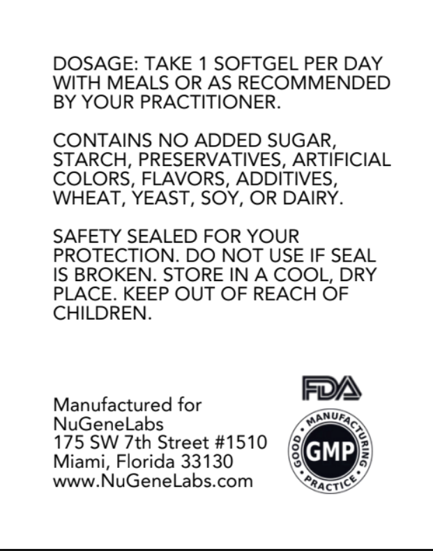 NuGeneLabs COQ10 supplement label with molecular structures and suggested use instructions.