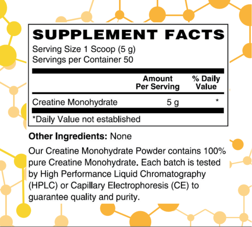 NuGeneLabs Creatine supplement label with molecular structures and supplement facts.