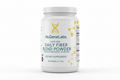 NuGeneLabs Daily Fiber Blend Powder supplement label with nutritional information and branding.