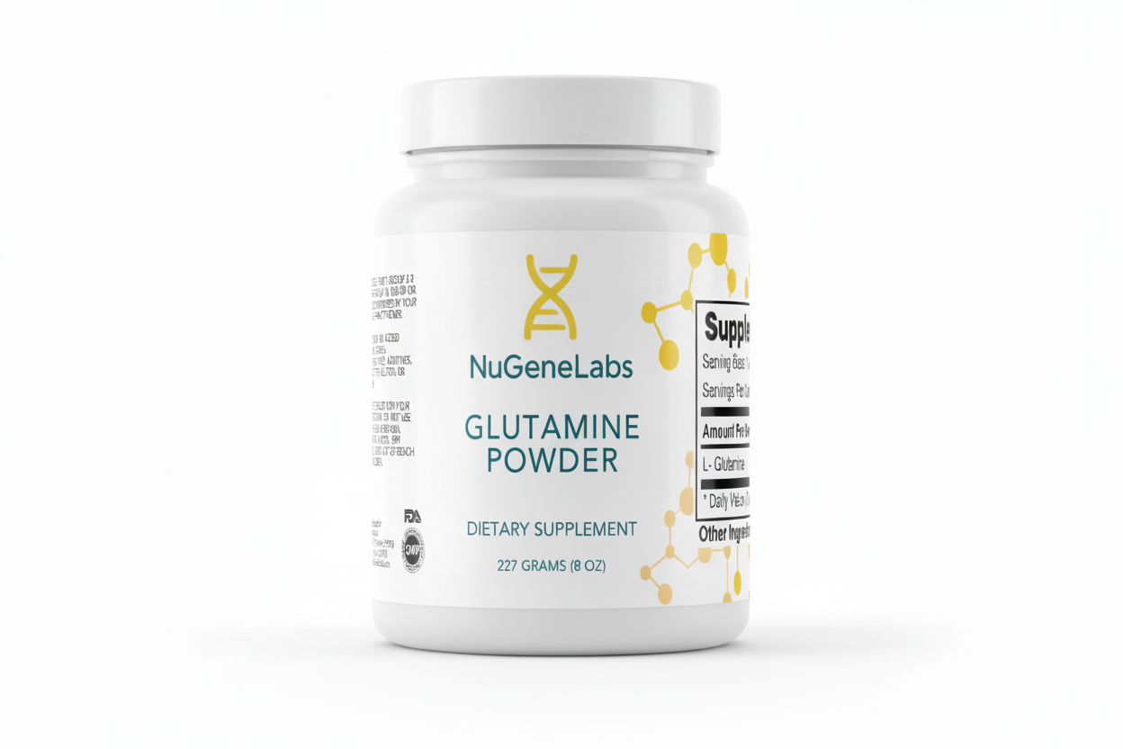 NuGeneLabs Glutamine Powder supplement container on a white background