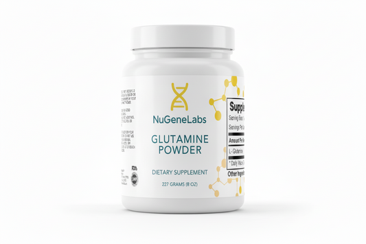 NuGeneLabs Glutamine Powder supplement container on a white background