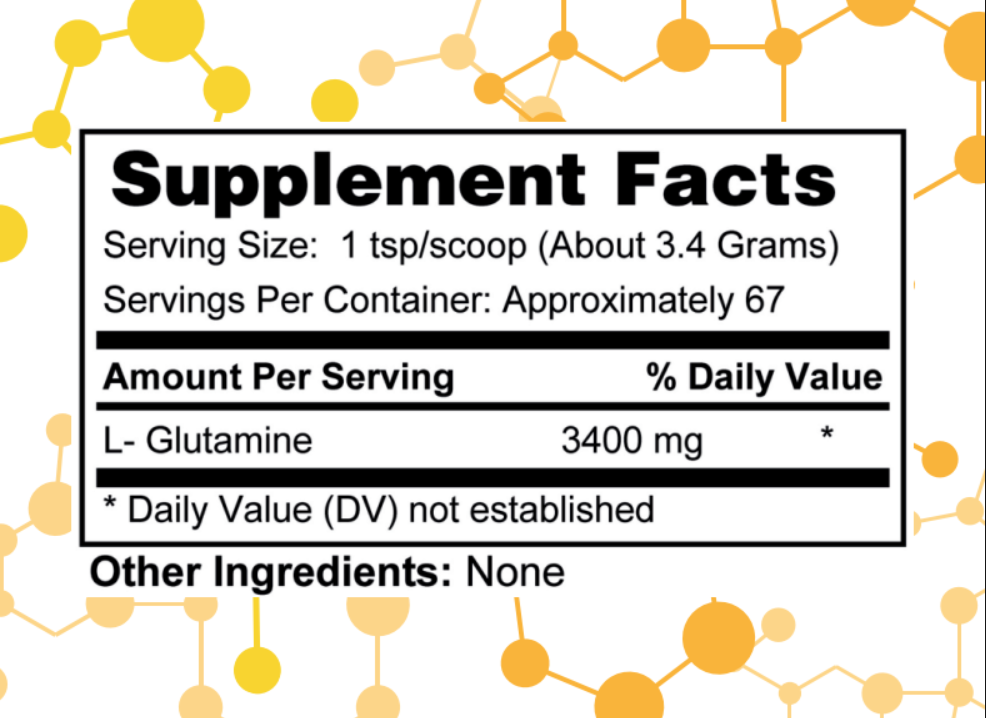 NuGeneLabs Glutamine Powder label with  supplement facts on a white background