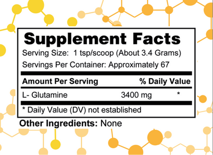 NuGeneLabs Glutamine Powder label with  supplement facts on a white background