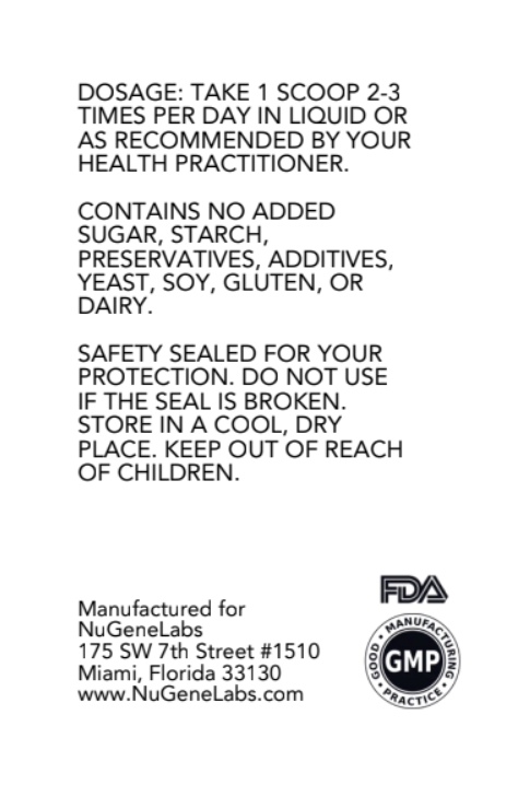 NuGeneLabs Glutamine Powder label suggested use on a white background