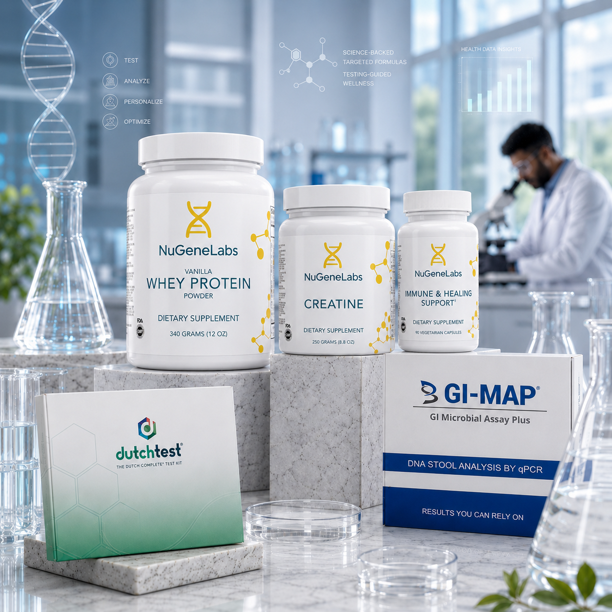 Three white supplement bottles from NuGeneLabs (Vanilla Whey Protein Powder, Creatine, and Immune & Healing Support) are displayed on a marble pedestal in a laboratory setting, alongside a DutchTest GI-MAP box and glassware.