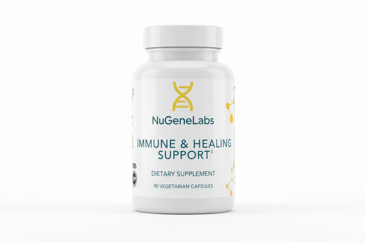 NuGeneLabs immune and healing support supplement bottle with text and graphics.