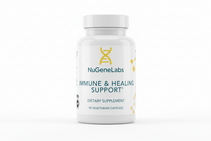 NuGeneLabs immune and healing support supplement bottle with text and graphics.