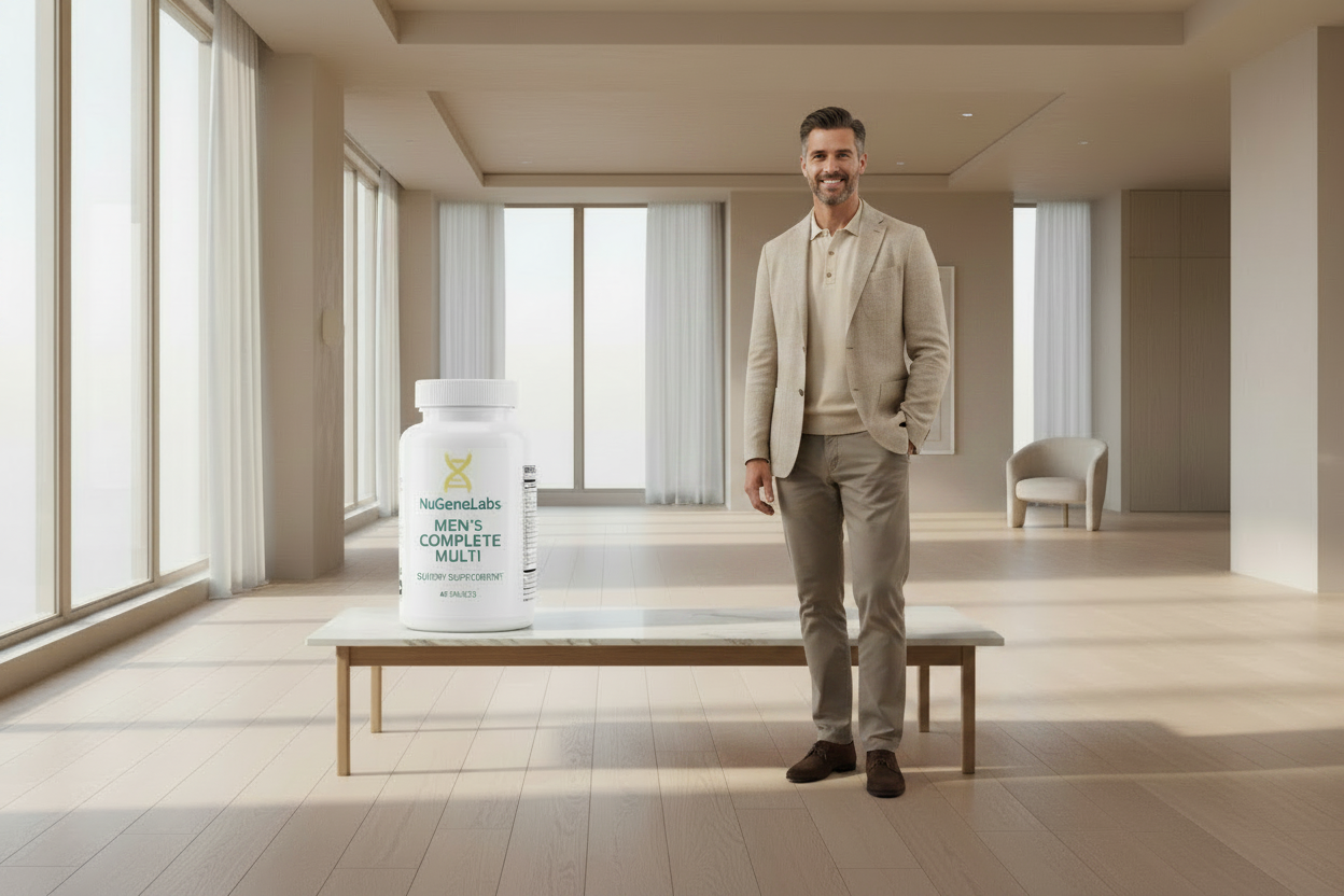 Man standing next to a large NuGeneLabs supplement container in a modern room