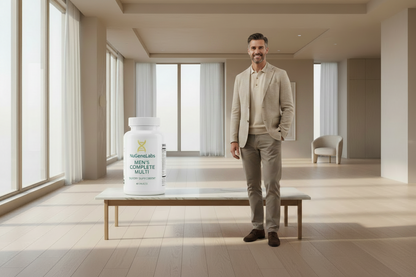 Man standing next to a large NuGeneLabs supplement container in a modern room