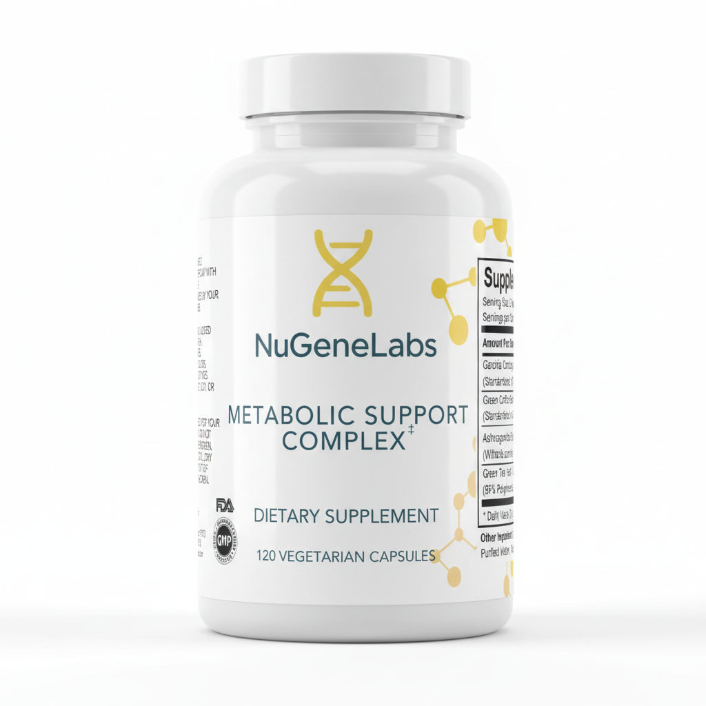 Supplement label for NuGeneLabs Metabolic Support Complex with supplement facts and ingredients listed.
